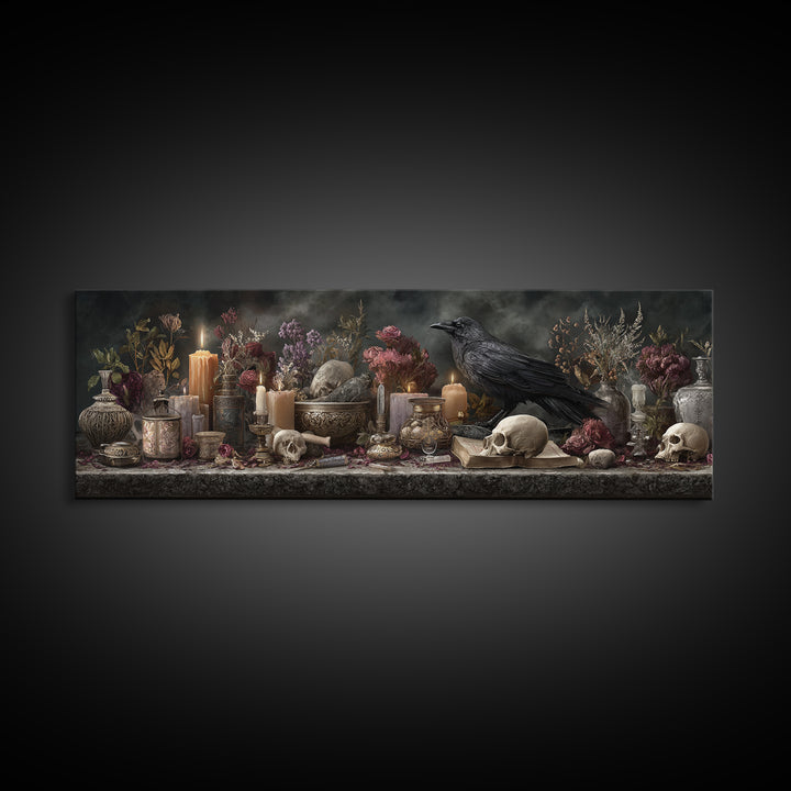 Witchy Still Life of Herbs Candles and Canvas Print, Dark Art, Fantasy Art, Living Room Decor, Fine Art, Nocturne, DAR-3x1-24