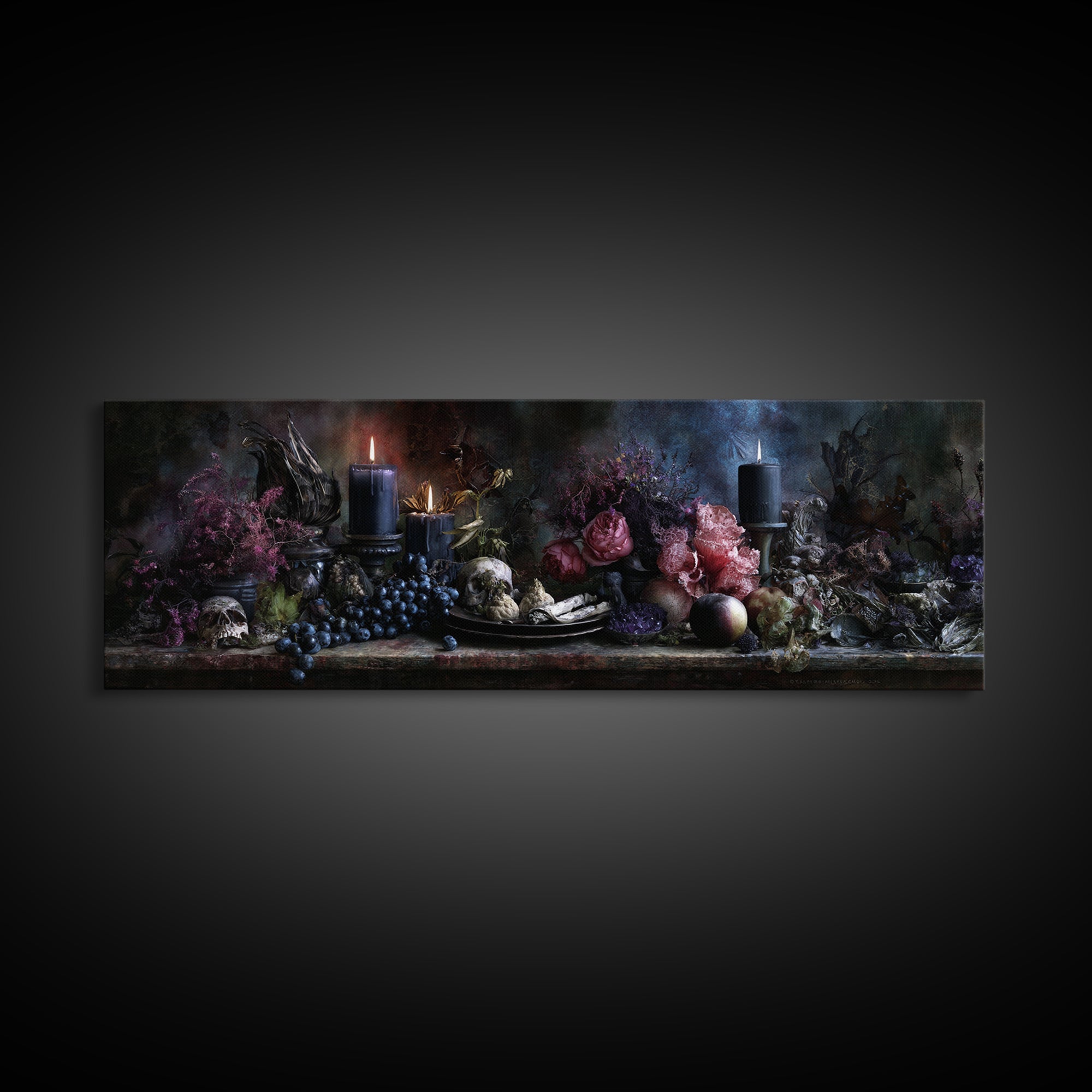 Witchy Still Life of Herbs Candles and Canvas Print, Dark Art, Textured Painting, Living Room Decor, Fine Art, Nocturne, DAR-3x1-48