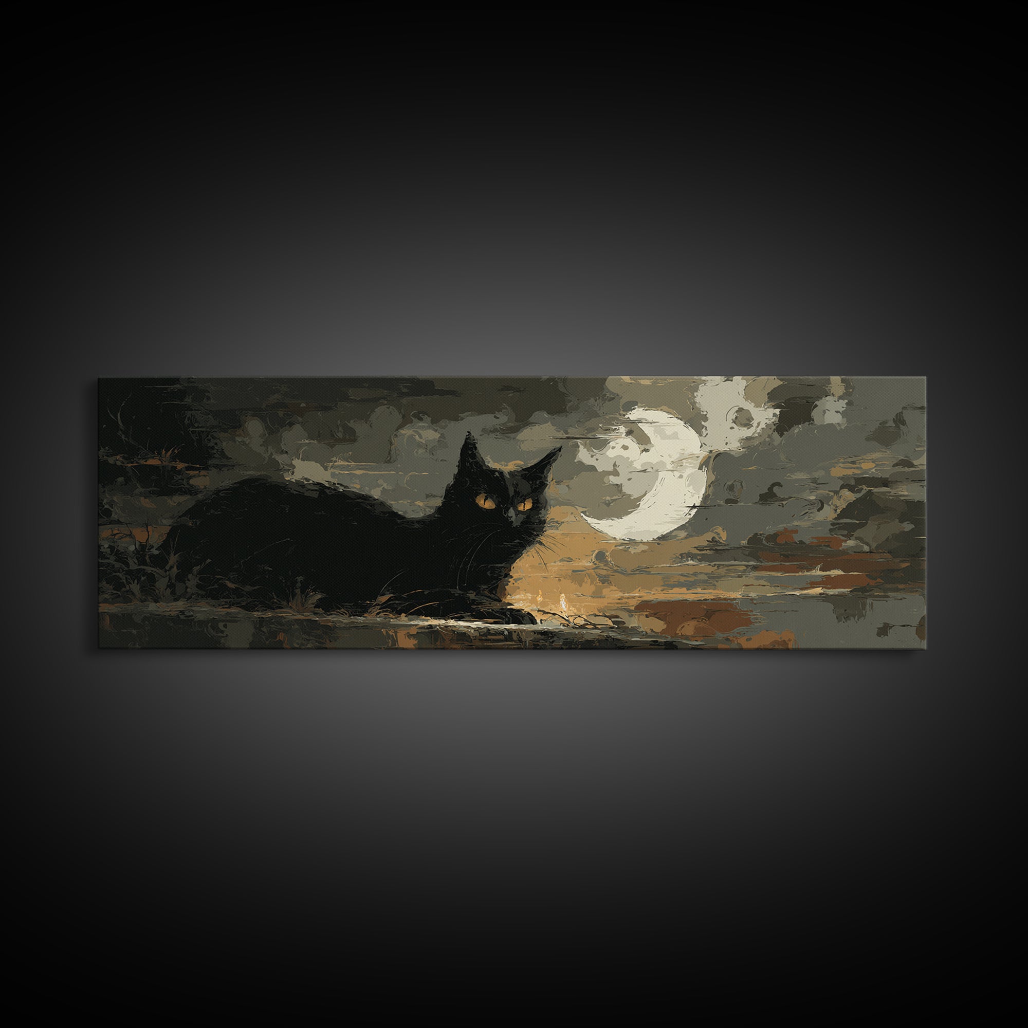 Black Cat with Glowing Eyes under Crescent Canvas Print, Dark Art, Halloween Decoration, Living Room Decor, Abstract Art, DAR-3x1-49