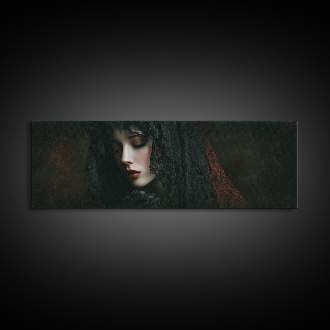 Vampire Inspired Portrait with Pale Dramatic Light Framed Canvas Print, Dark Art, Goth Decor, Living Room Decor, Nocturne, DAR-3x1-5