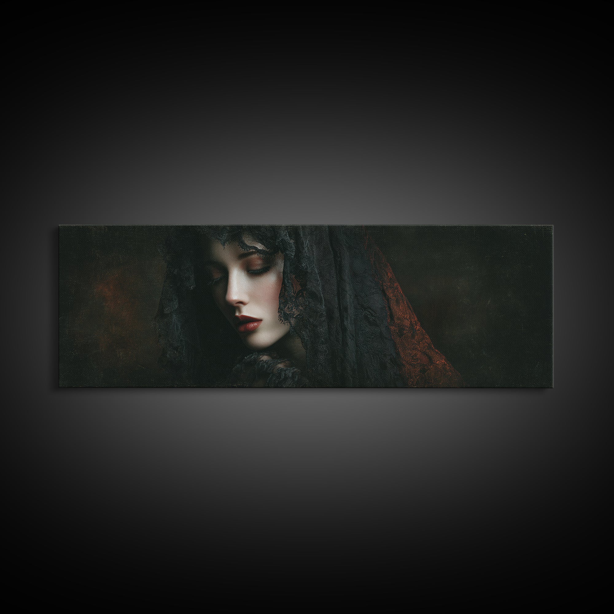 Vampire Inspired Portrait with Pale Dramatic Light Framed Canvas Print, Dark Art, Goth Decor, Living Room Decor, Nocturne, DAR-3x1-5