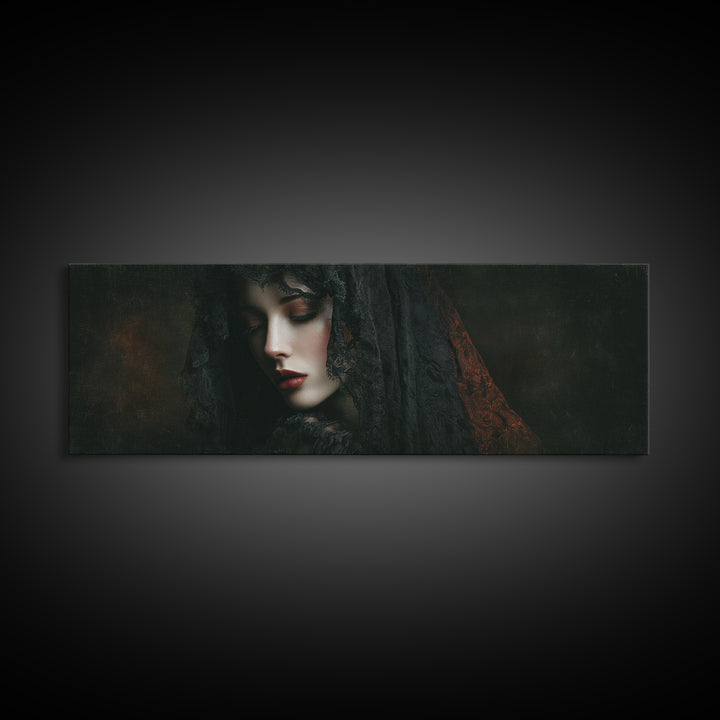 Vampire Inspired Portrait with Pale Dramatic Light Framed Canvas Print, Dark Art, Goth Decor, Living Room Decor, Nocturne, DAR-3x1-5