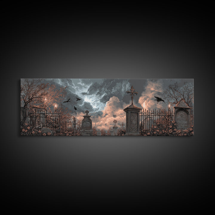 Silent Graveyard with Blue Moon Haze Framed Canvas Print, Dark Art, Gothic Wall Art, Living Room Decor, Fine Art, Nocturne, DAR-3x1-58