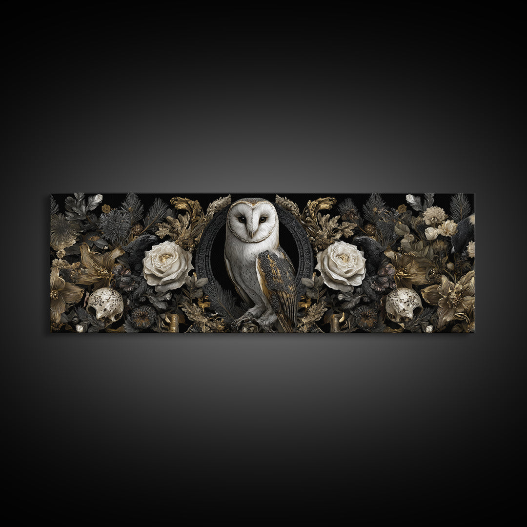 Owl in a Midnight Pine Forest Canvas Print, Dark Art, Boho Decor, Living Room Decor, Fine Art, Nocturne, Painting, Art Print, DAR-3x1-62