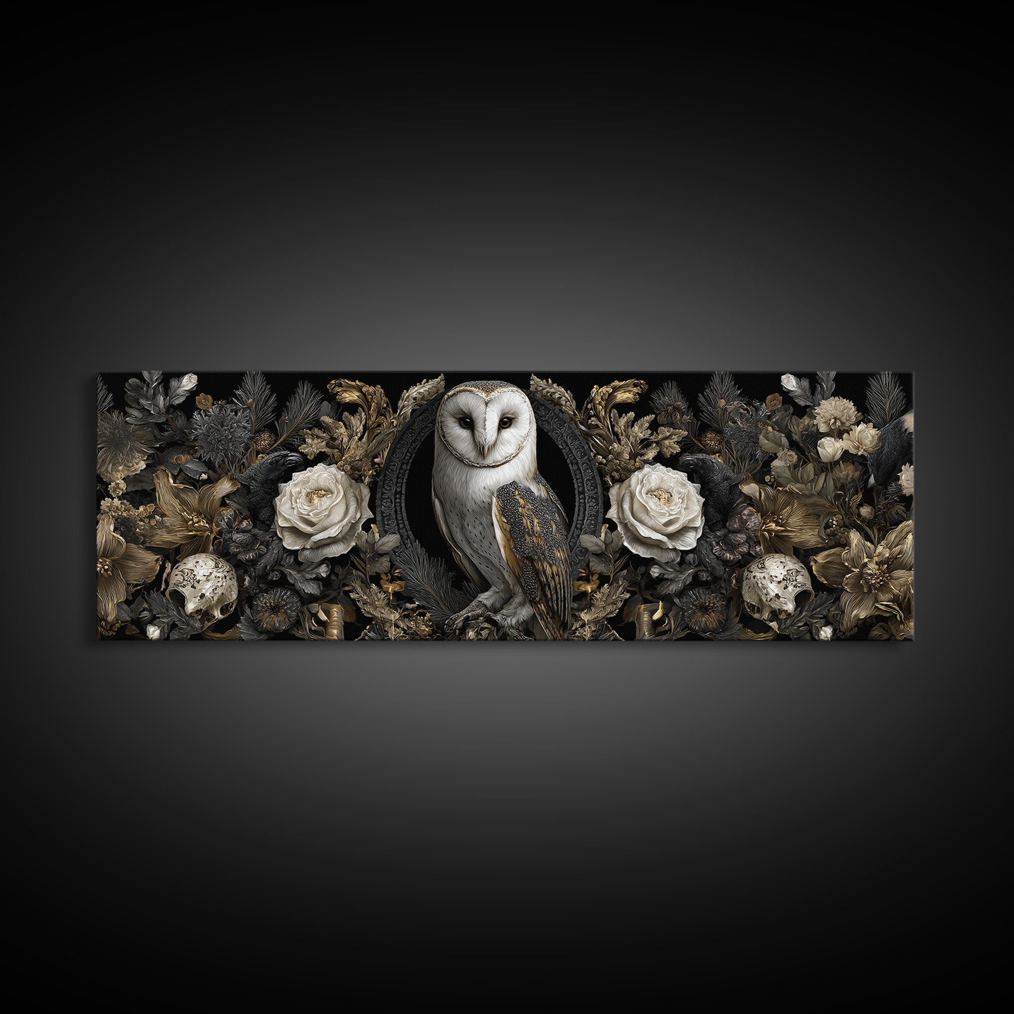 Owl in a Midnight Pine Forest Canvas Print, Dark Art, Boho Decor, Living Room Decor, Fine Art, Nocturne, Painting, Art Print, DAR-3x1-62