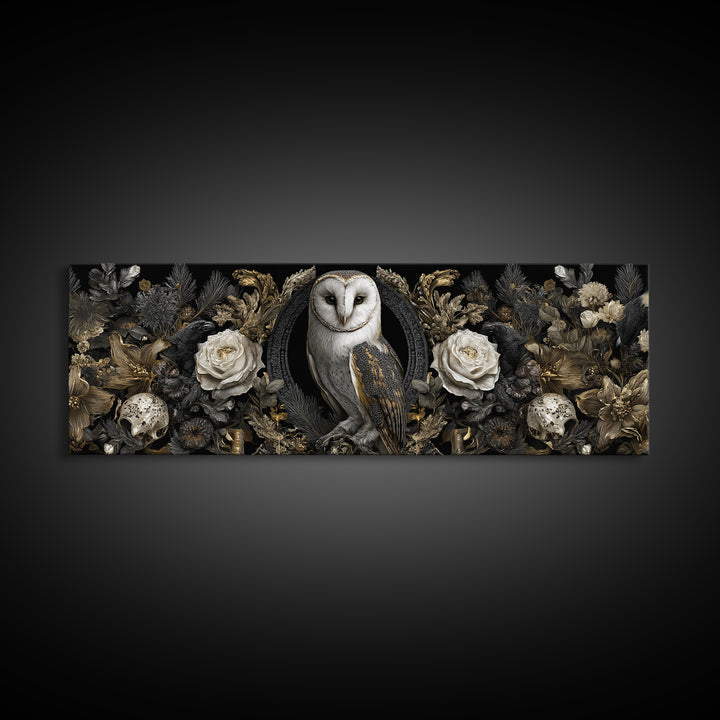 Owl in a Midnight Pine Forest Canvas Print, Dark Art, Boho Decor, Living Room Decor, Fine Art, Nocturne, Painting, Art Print, DAR-3x1-62