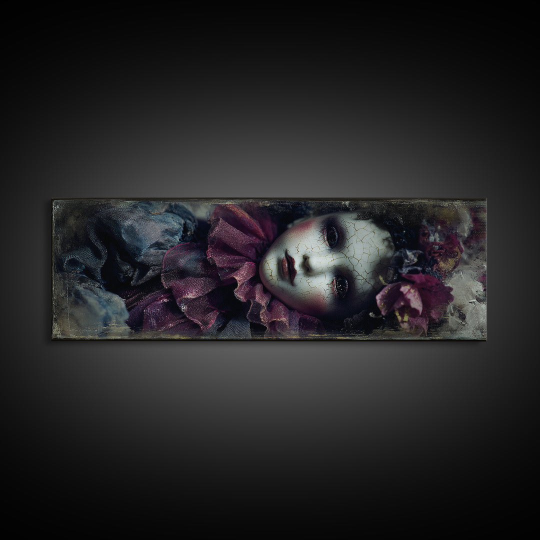Cracked Porcelain Doll Portrait Framed Canvas Print, Dark Art, Contemporary Art, Living Room Decor, Fine Art, Nocturne, DAR-3x1-63