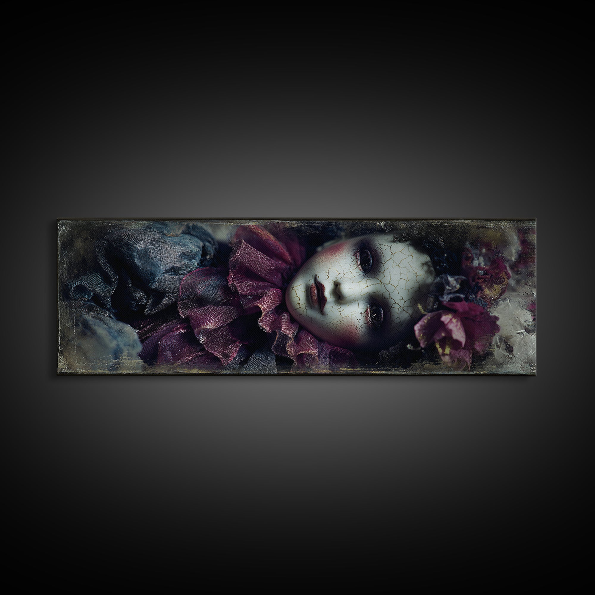 Cracked Porcelain Doll Portrait Framed Canvas Print, Dark Art, Contemporary Art, Living Room Decor, Fine Art, Nocturne, DAR-3x1-63