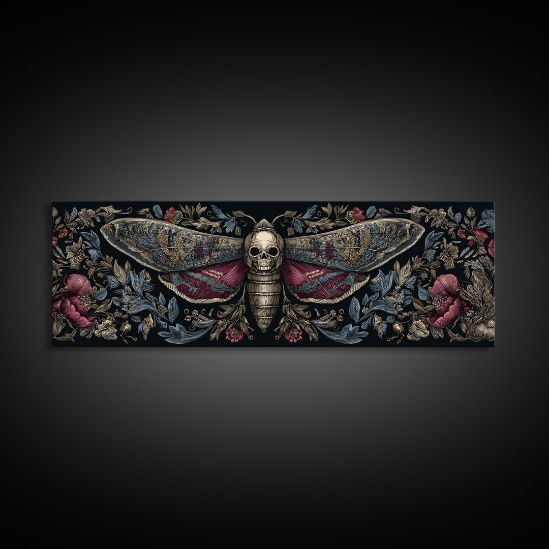 Moth with Skull Pattern on Black Ground Framed Canvas Print, Dark Art, Statement Artwork, Living Room Decor, Fine Art, Nocturne, DAR-3x1-7