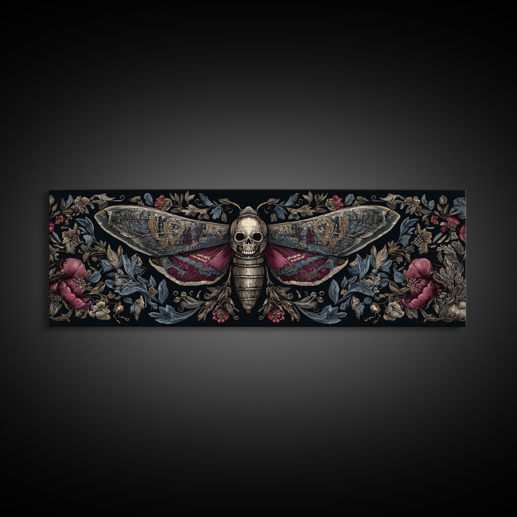 Moth with Skull Pattern on Black Ground Framed Canvas Print, Dark Art, Statement Artwork, Living Room Decor, Fine Art, Nocturne, DAR-3x1-7