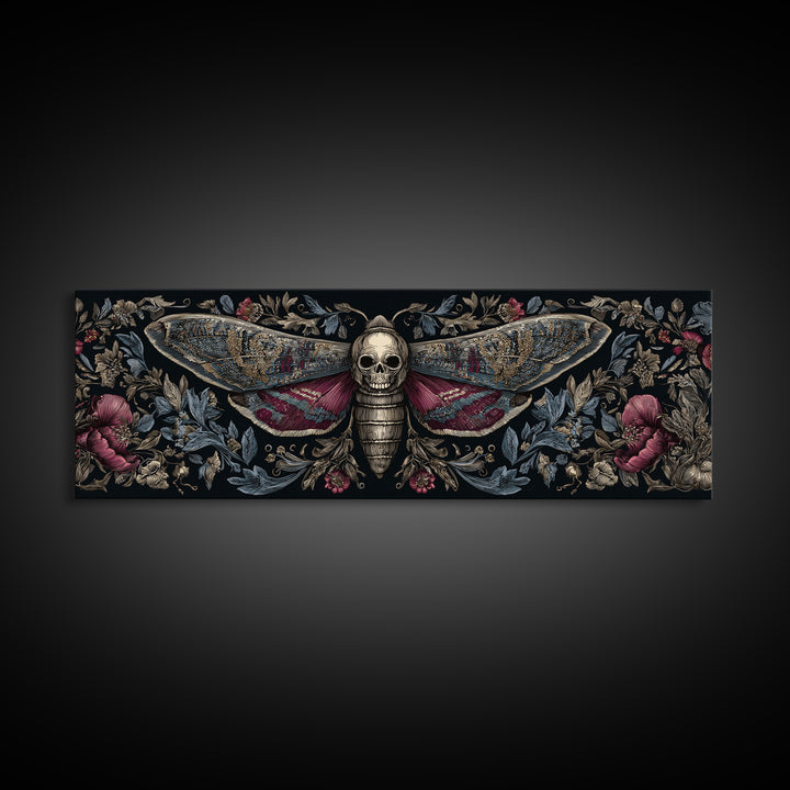Moth with Skull Pattern on Black Ground Framed Canvas Print, Dark Art, Statement Artwork, Living Room Decor, Fine Art, Nocturne, DAR-3x1-7