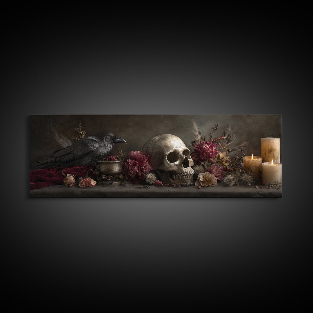 Baroque Skull and Red Velvet Vanitas Framed Canvas Print, Dark Art, Gothic Art, Living Room Decor, Oil Painting, Nocturne, DAR-3x1-74