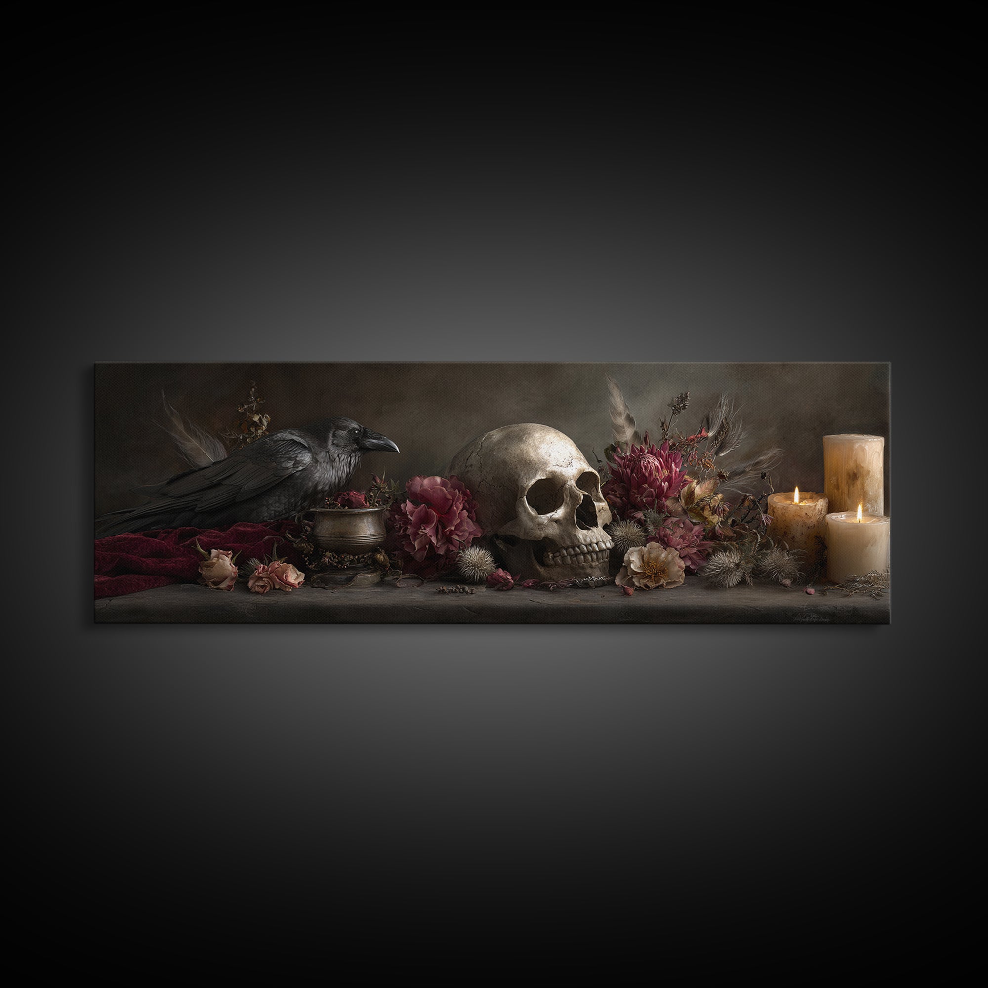 Baroque Skull and Red Velvet Vanitas Framed Canvas Print, Dark Art, Gothic Art, Living Room Decor, Oil Painting, Nocturne, DAR-3x1-74