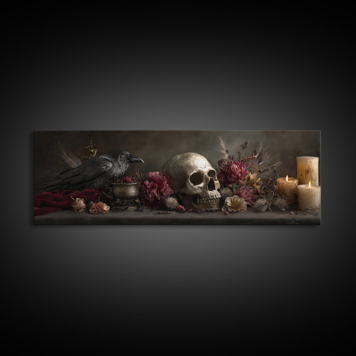 Baroque Skull and Red Velvet Vanitas Framed Canvas Print, Dark Art, Gothic Art, Living Room Decor, Oil Painting, Nocturne, DAR-3x1-74