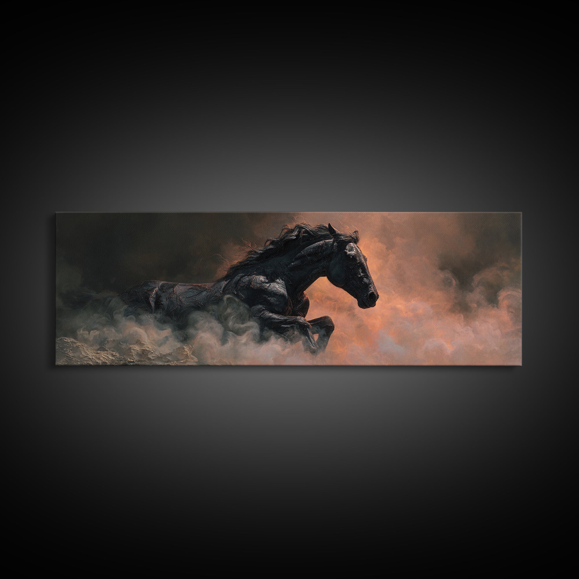 Black Horse Emerging from Smoke Canvas Print, Dark Art, Dark Academia, Living Room Decor, Fine Art, Nocturne, Horror Decor, DAR-3x1-83