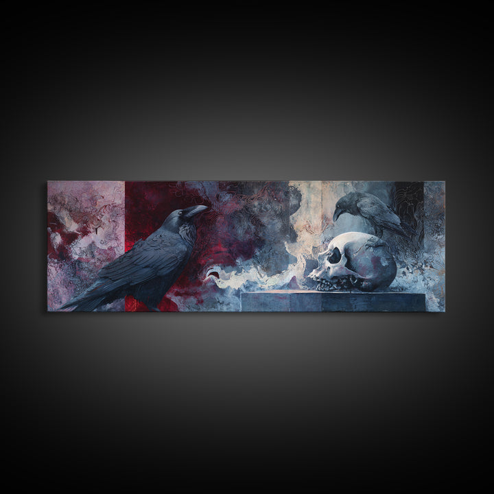 Raven Perched on a Skull Framed Canvas Print, Dark Art, Boho Decor, Living Room Decor, Oil Painting, Nocturne, Art Print, DAR-3x1-89