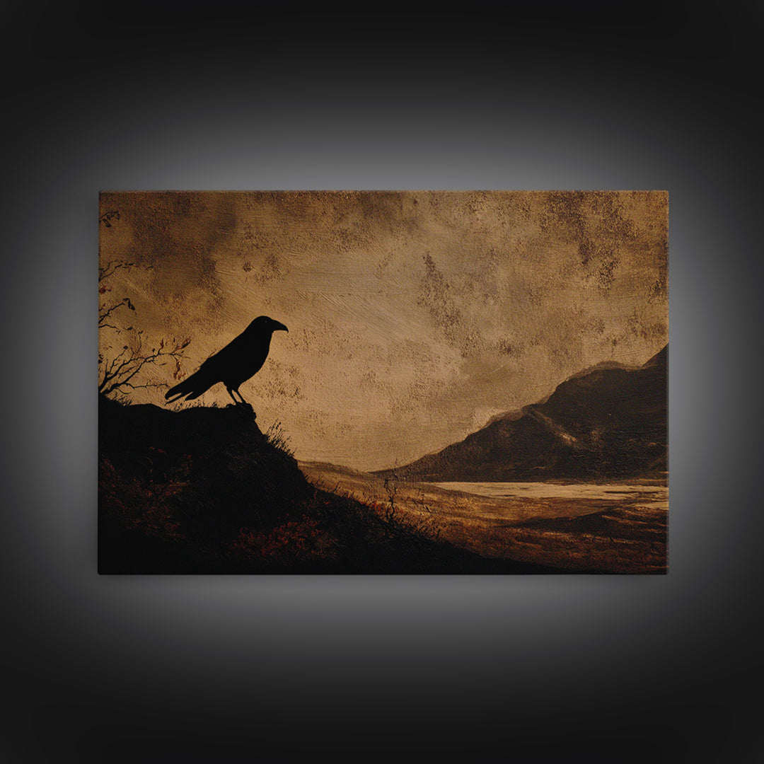 Haunted Mansion Silhouette on Distant Hill Framed Canvas Print, Dark Art, Gothic Wall Art, Living Room Decor, Nocturne, DAR-3x2-10