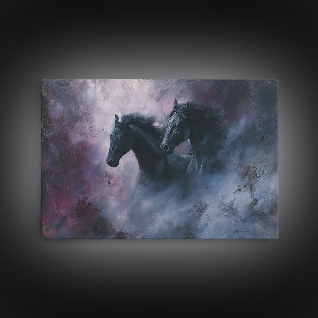 Black Horse Emerging from Smoke Framed Canvas Print, Dark Art, Weird Art, Living Room Decor, Fine Art, Nocturne, DAR-3x2-23