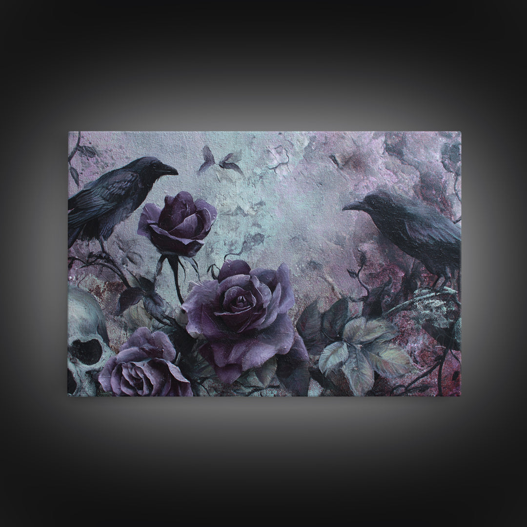 Black Roses Blooming from Cracked Stone Canvas Print, Dark Art, Horror Decor, Living Room Decor, Nocturne, Statement Artwork, DAR-3x2-30