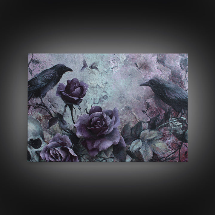 Black Roses Blooming from Cracked Stone Canvas Print, Dark Art, Horror Decor, Living Room Decor, Nocturne, Statement Artwork, DAR-3x2-30