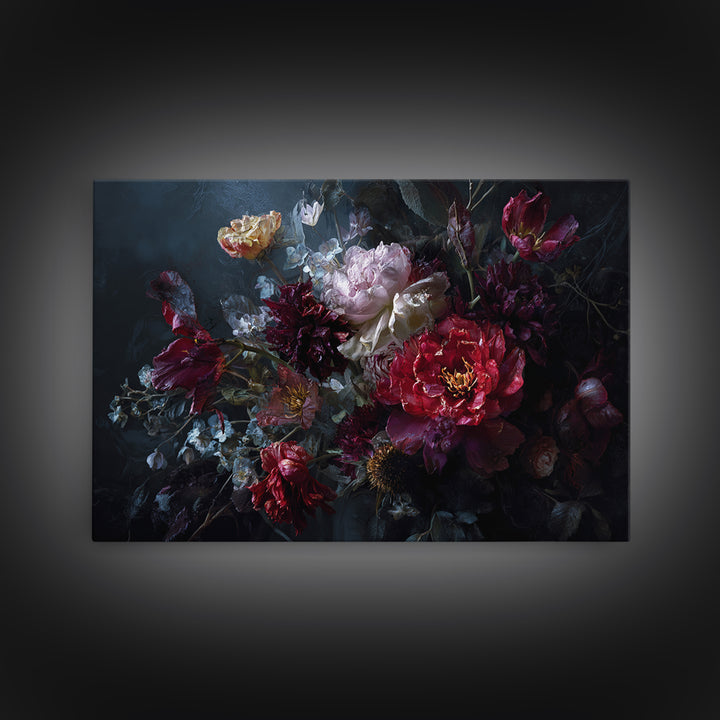 Dark Floral Bouquet Framed Canvas Print, Dark Art, Gallery Decor, Living Room Decor, Fine Art, Nocturne, Wall Art, Home Decor, DAR-3x2-45