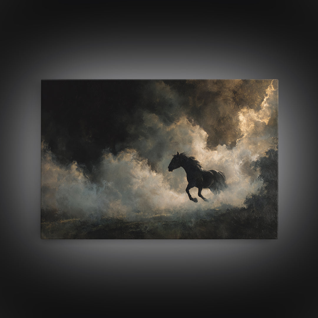 Black Horse Emerging from Smoke Framed Canvas Print, Dark Art, Living Room Decor, Oil Painting, Nocturne, Halloween Art, DAR-3x2-47
