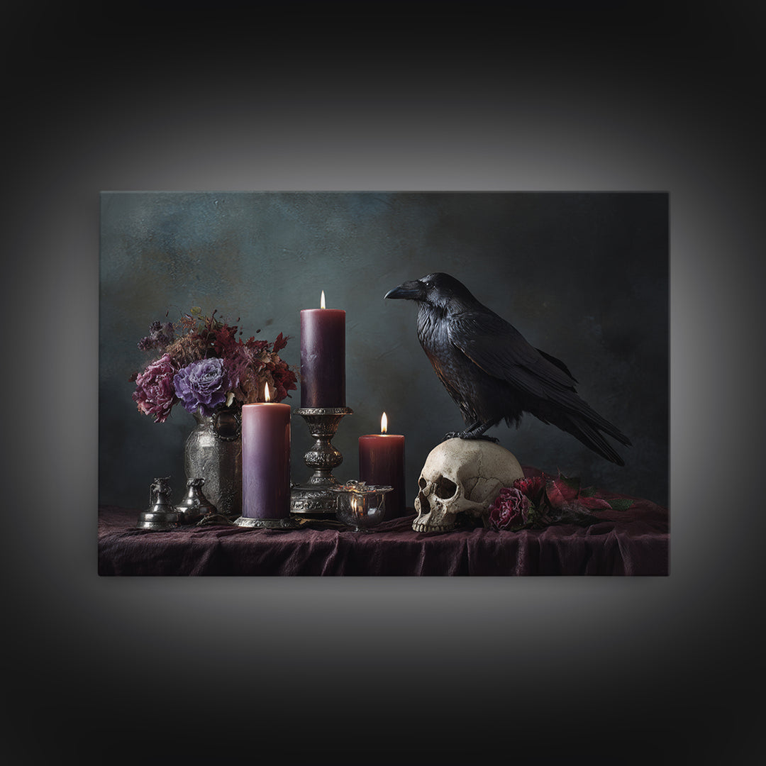 Raven Perched on a Skull Framed Canvas Print, Dark Art, Weird Art, Living Room Decor, Fine Art, Nocturne, Textured Painting, DAR-3x2-5