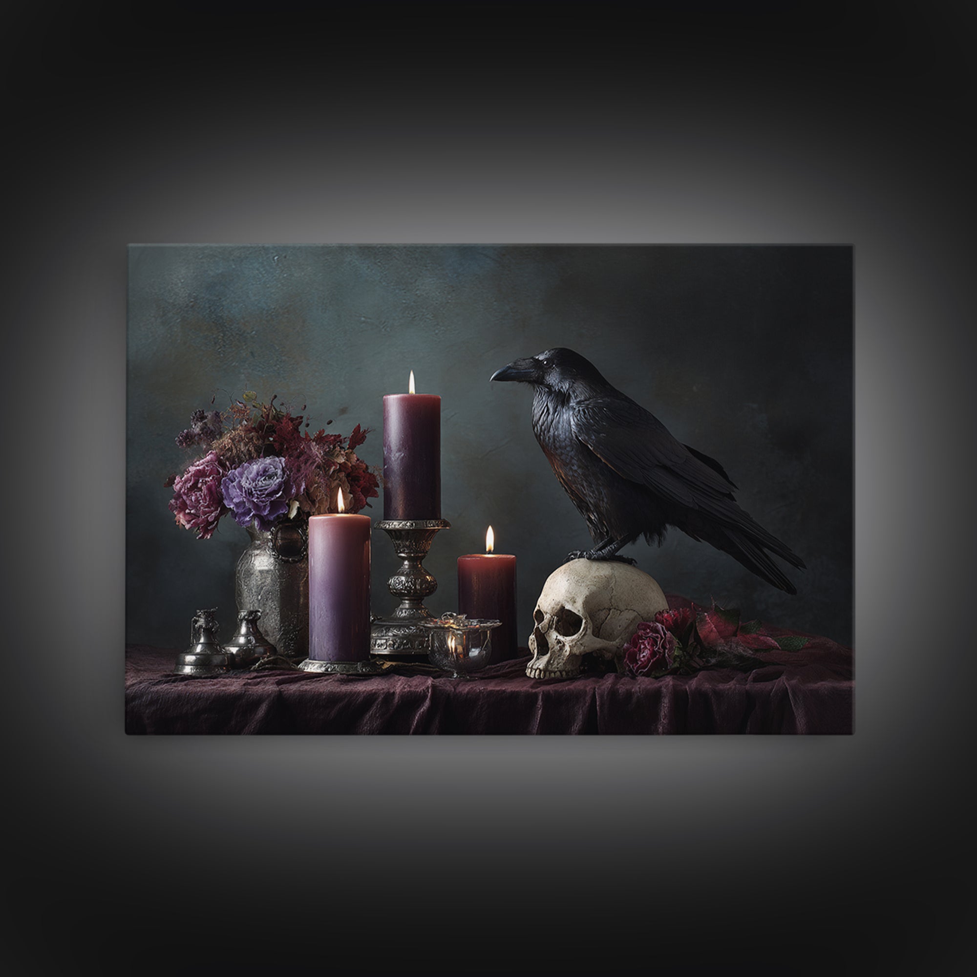 Raven Perched on a Skull Framed Canvas Print, Dark Art, Weird Art, Living Room Decor, Fine Art, Nocturne, Textured Painting, DAR-3x2-5