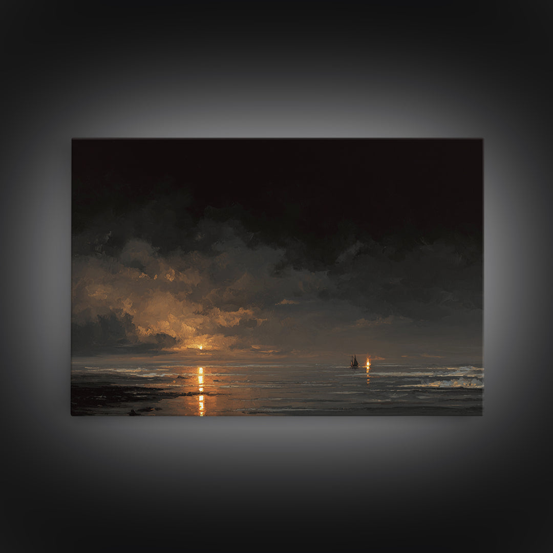 Stormy Sea under a Nearly Black Sky Canvas Print, Dark Art, Fantasy Art, Living Room Decor, Fine Art, Nocturne, DAR-3x2-57