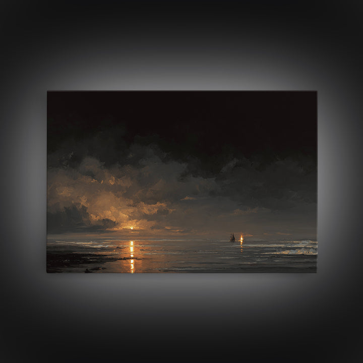 Stormy Sea under a Nearly Black Sky Canvas Print, Dark Art, Fantasy Art, Living Room Decor, Fine Art, Nocturne, DAR-3x2-57