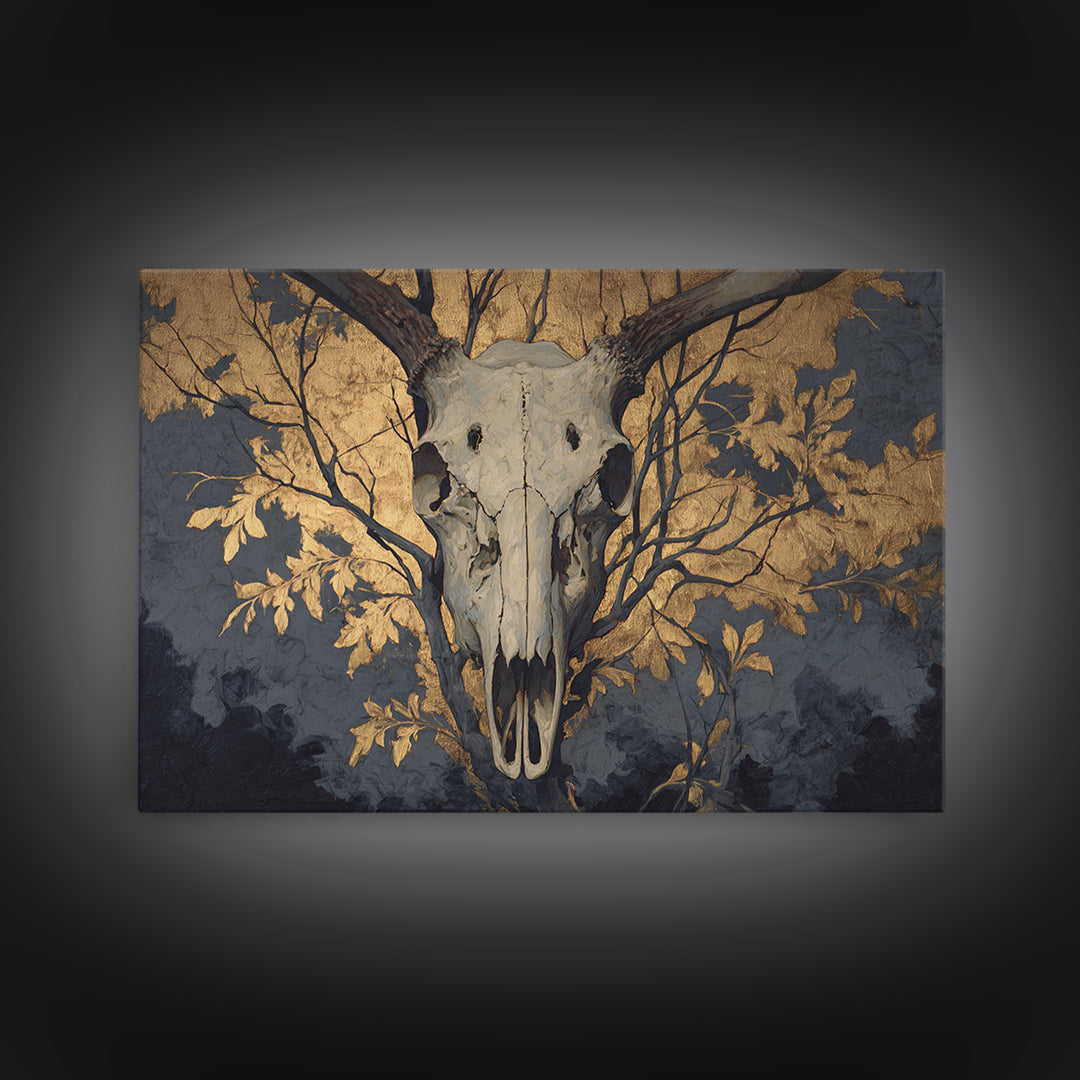 Shadowy Deer Skull Framed Canvas Print, Dark Art, Horror Decor, Living Room Decor, Oil Painting, Nocturne, Statement Artwork, DAR-3x2-63