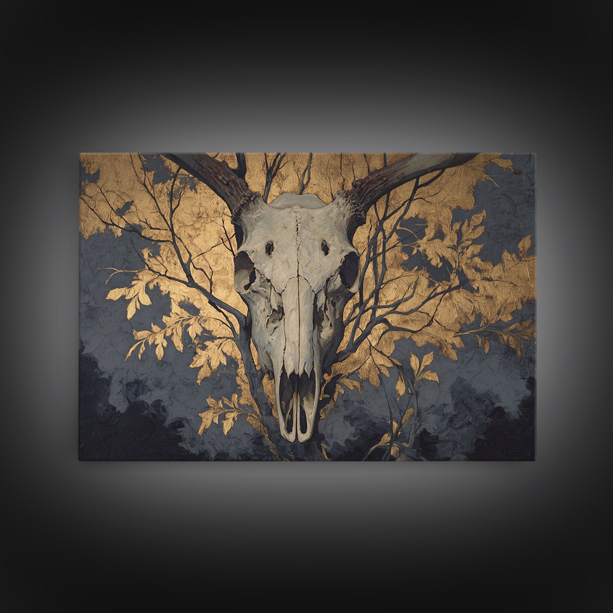 Shadowy Deer Skull Framed Canvas Print, Dark Art, Horror Decor, Living Room Decor, Oil Painting, Nocturne, Statement Artwork, DAR-3x2-63