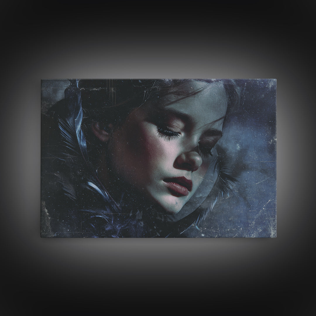 Silent Graveyard with Blue Moon Haze Framed Canvas Print, Dark Art, Unique Wall Decor, Living Room Decor, Fine Art, Nocturne, DAR-3x2-70