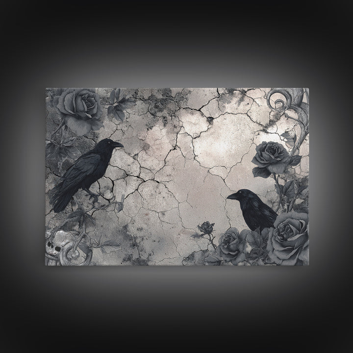Black Roses Blooming from Cracked Stone Framed Canvas Print, Dark Art, Fantasy Art, Living Room Decor, Fine Art, Nocturne, DAR-3x2-78