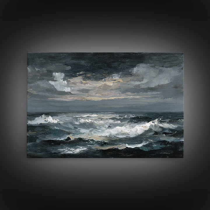 Stormy Sea under a Nearly Black Sky Framed Canvas Print, Dark Art, Fine Art Print, Living Room Decor, Fine Art, Nocturne, DAR-3x2-81
