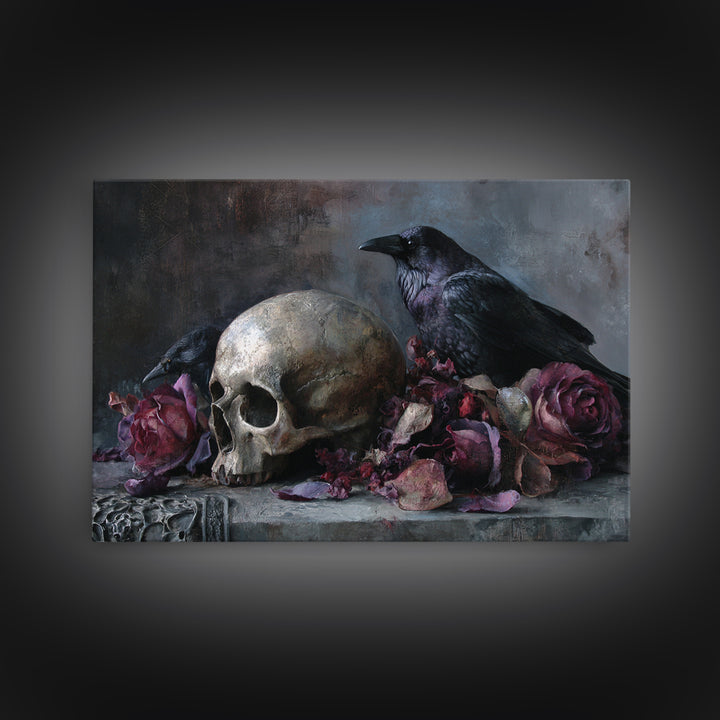 Baroque Skull and Red Velvet Vanitas Framed Canvas Print, Dark Art, Man Cave Decor, Living Room Decor, Fine Art, Nocturne, DAR-3x2-86