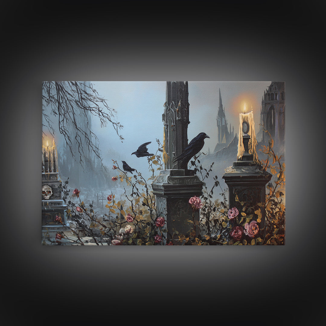 Silent Graveyard with Blue Moon Haze Canvas Print, Dark Art, Halloween Decoration, Living Room Decor, Abstract Art, Nocturne, DAR-3x2-94