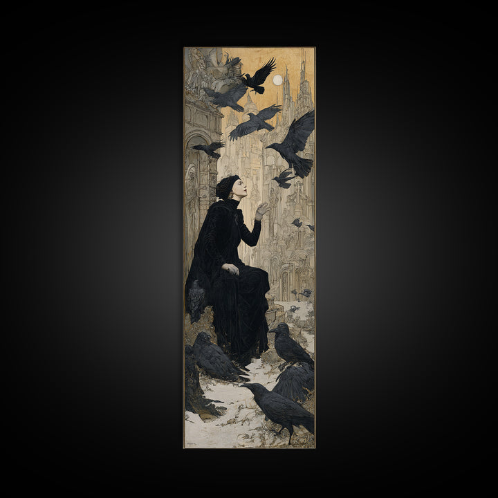Ravens And Ruins, Symbolist Death Art, Tall Narrow Wall Art, Dark Halloween Decor, Canvas Print, Halloween Wall Art