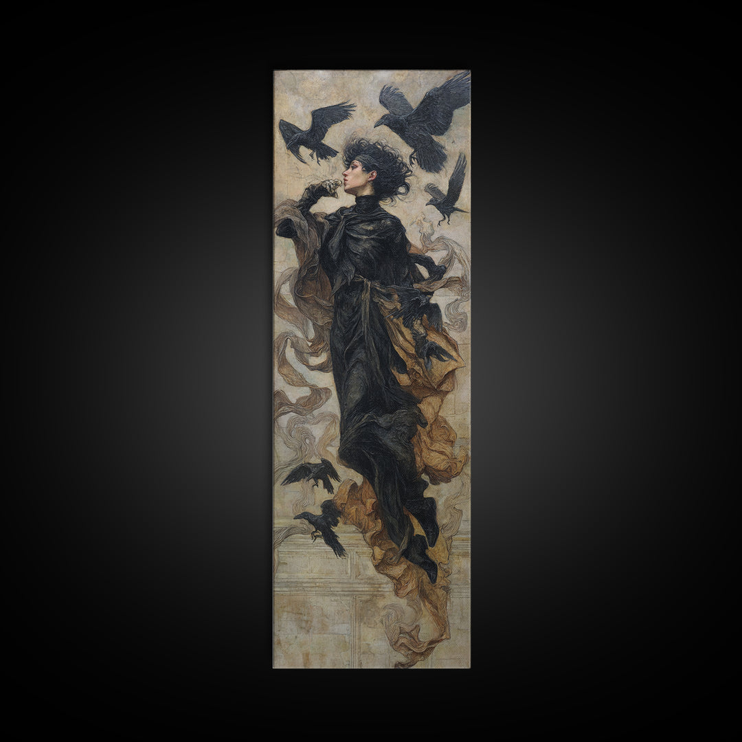 Ravens And Ruins, Dark Symbolist Art, Tall Narrow Wall Art, Dark Fantasy Wall Art, Framed Canvas Print, Halloween Wall Art