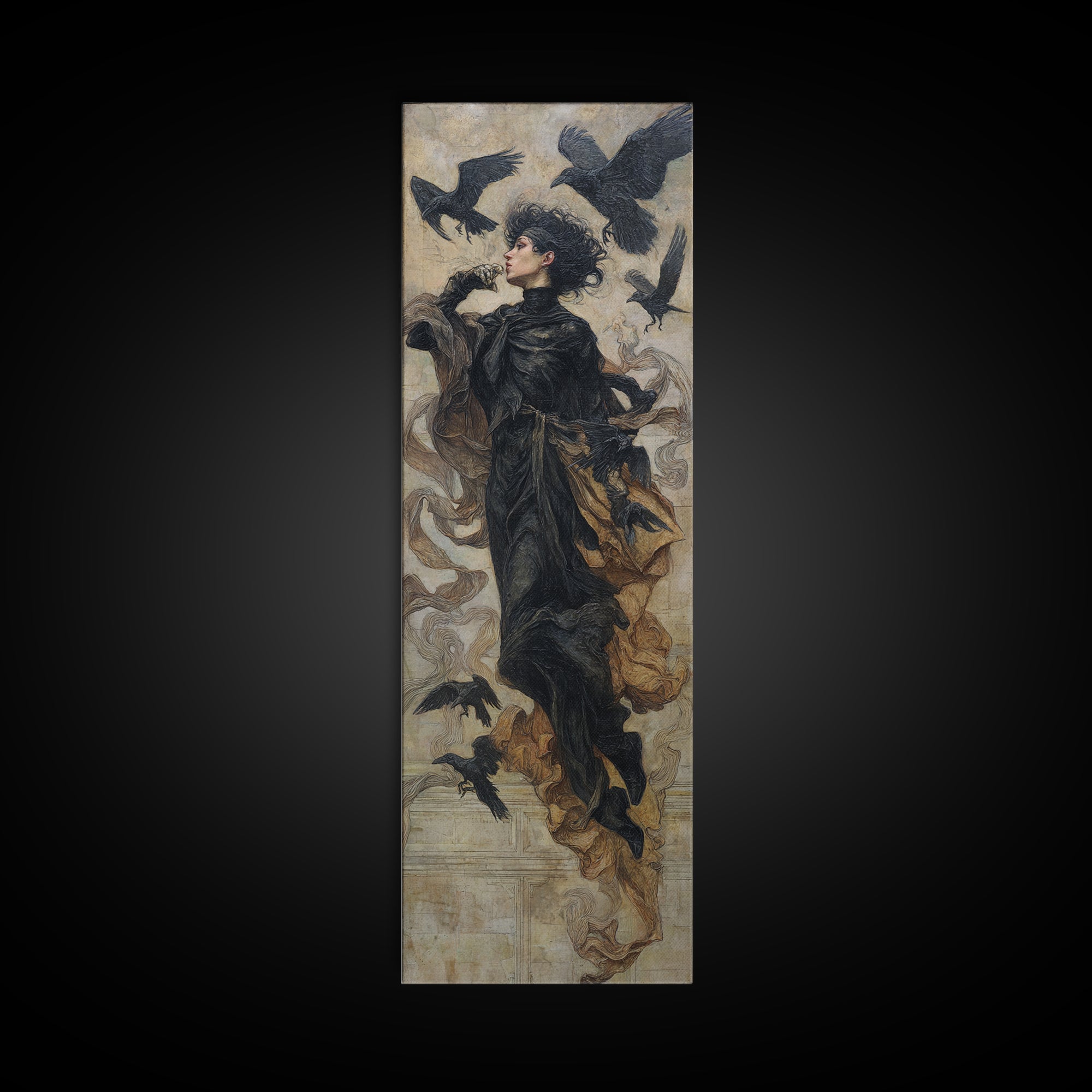 Ravens And Ruins, Dark Symbolist Art, Tall Narrow Wall Art, Dark Fantasy Wall Art, Framed Canvas Print, Halloween Wall Art