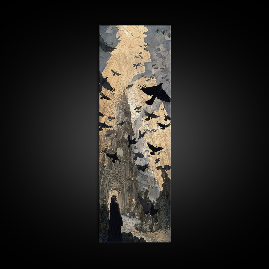 Ravens And Ruins, Symbolist Etching Art, Tall Narrow Wall Art, Gothic Horror Wall Art, Framed Canvas Print, Halloween Wall Art