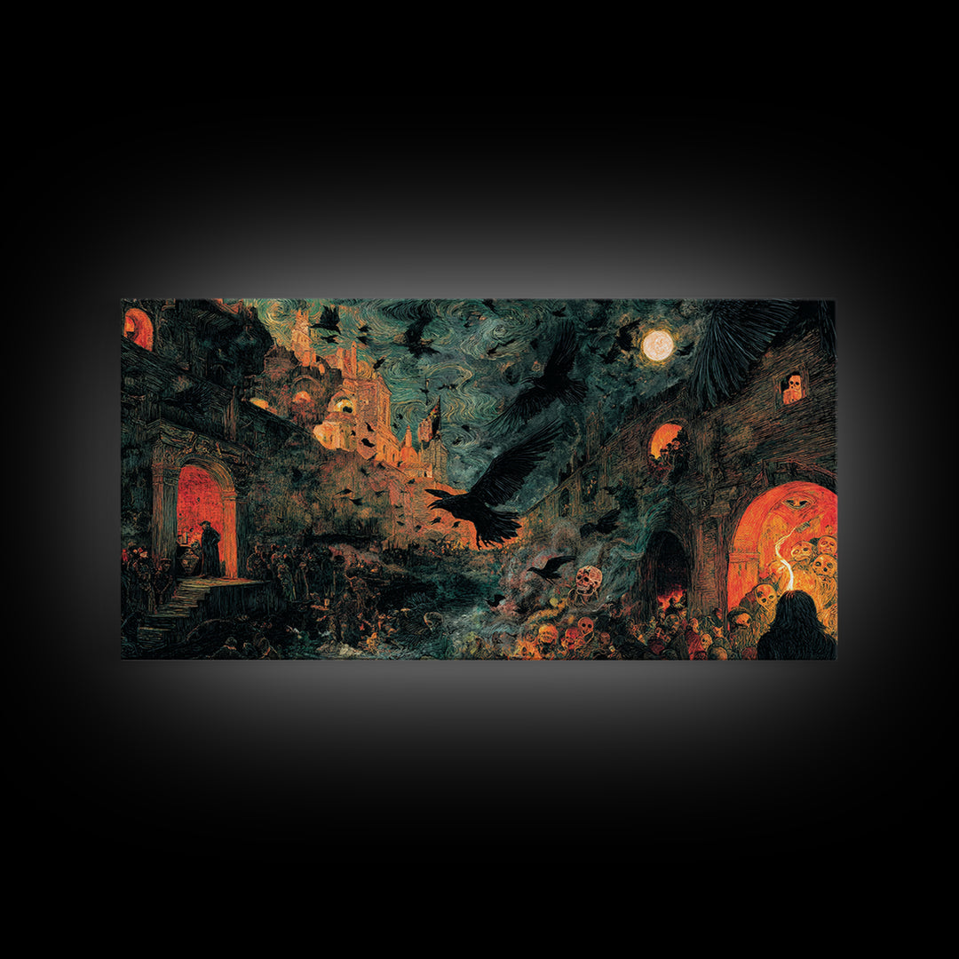Ravens And Ruins, Grotesque Carnival Art, Wide Panoramic Art, Gothic Horror Wall Art, Framed Canvas Print, Halloween Wall Art