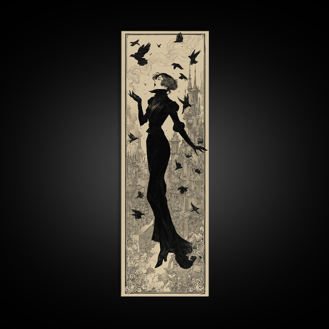 Ravens And Ruins, Decadent Line Art, Tall Narrow Wall Art, Dark Fantasy Wall Art, Framed Canvas Print, Halloween Wall Art