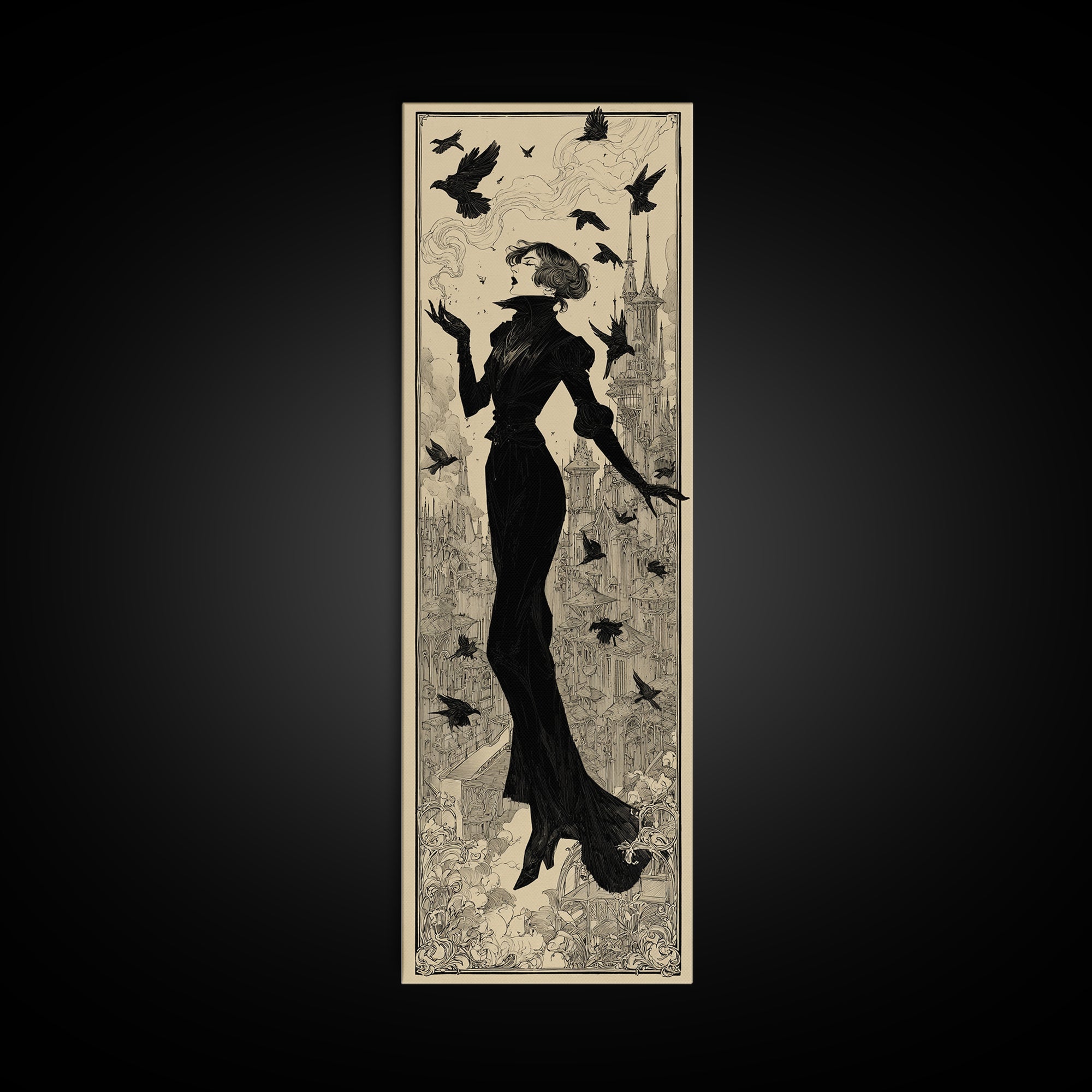 Ravens And Ruins, Decadent Line Art, Tall Narrow Wall Art, Dark Fantasy Wall Art, Framed Canvas Print, Halloween Wall Art