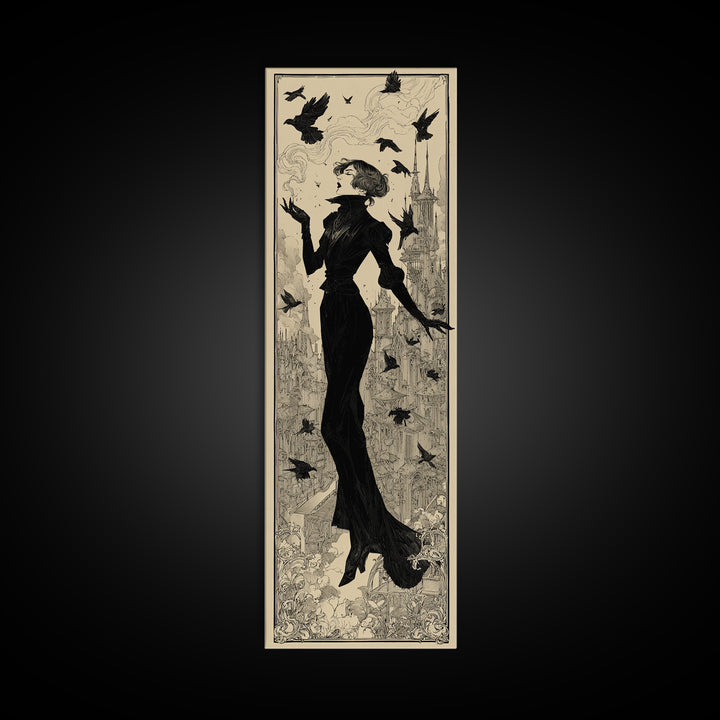 Ravens And Ruins, Decadent Line Art, Tall Narrow Wall Art, Dark Fantasy Wall Art, Framed Canvas Print, Halloween Wall Art