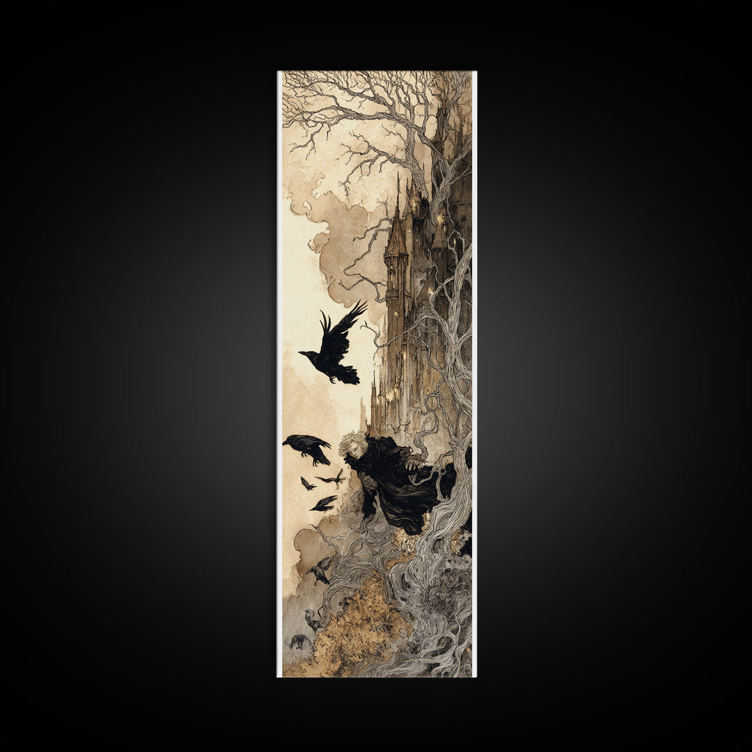 Ravens And Ruins, Gothic Storybook Art, Tall Narrow Wall Art, Gothic Horror Wall Art, Canvas Print, Halloween Wall Art