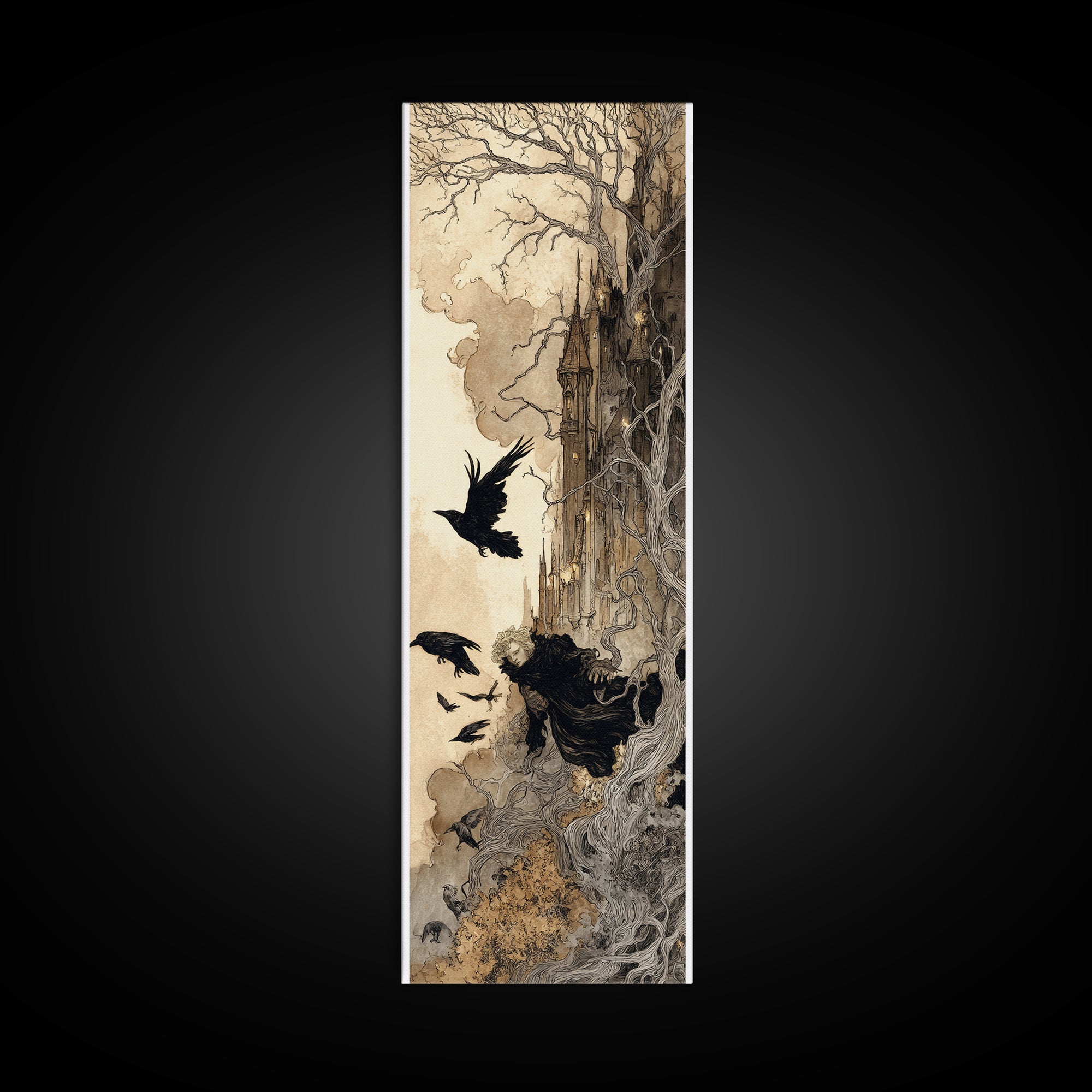 Ravens And Ruins, Gothic Storybook Art, Tall Narrow Wall Art, Gothic Horror Wall Art, Canvas Print, Halloween Wall Art