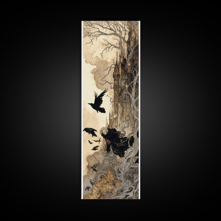 Ravens And Ruins, Gothic Storybook Art, Tall Narrow Wall Art, Gothic Horror Wall Art, Canvas Print, Halloween Wall Art