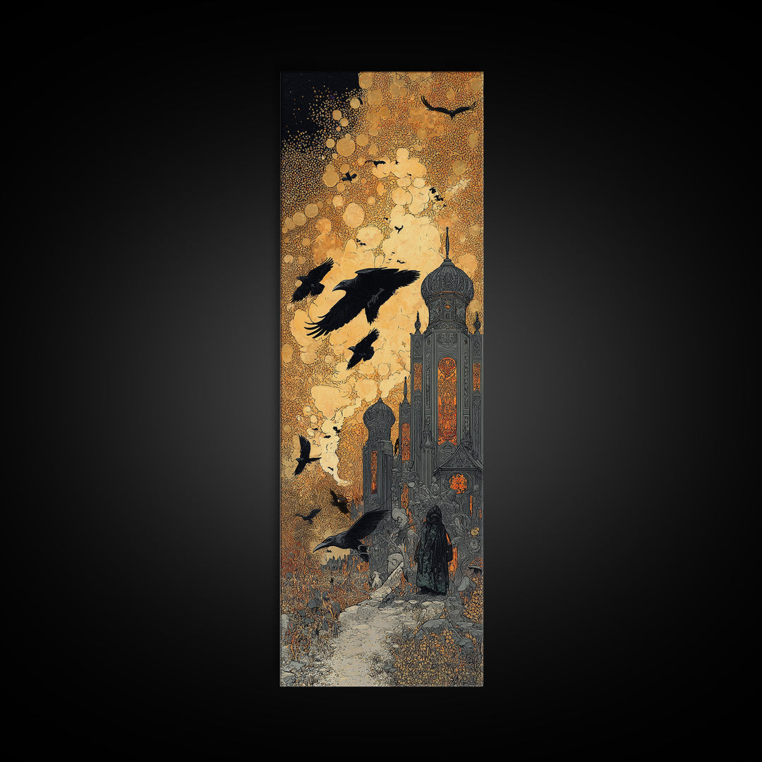 Ravens And Ruins, Stained Glass Gothic Art, Tall Narrow Wall Art, Dark Fantasy Wall Art, Canvas Print, Halloween Wall Art