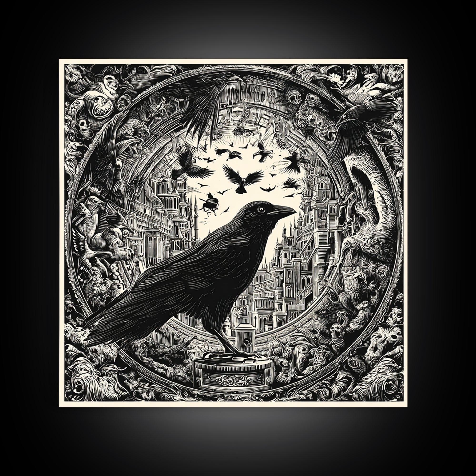 Ravens And Ruins, Macabre Folk Print Art, Square Wall Art, Dark Fantasy Wall Art, Canvas Print, Halloween Wall Art
